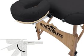 STRONGLITE Shasta Portable Massage Table The STRONGLITE Shasta Portable Table features hardwood beech with round corners, adjustable face cradle, face pillow, and a rugged nylon carry case with heavy-duty zippers. Available in: Black Specifications: Width: 28" Weight: 33 lbs. Length: 73" Foam: 2." Height: 25" - 35" Working Weight: 450 lbs.