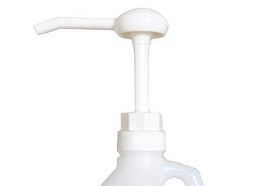 Dispenser Pump for Gallon Jugs Dispenses Lotions and Oils Fits 1 gal. jugs Utility Jugs and Square Utility Jugs. Spout rotates 360. Polypropylene with flexible 11" intake tube. FDA compliant.