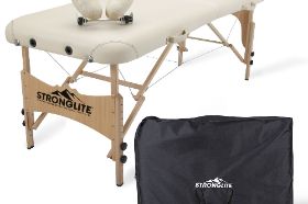 STRONGLITE Shasta Portable Massage Table The STRONGLITE Shasta Portable Table features hardwood beech with round corners, adjustable face cradle, face pillow, and a rugged nylon carry case with heavy-duty zippers. Available in: Beige Specifications: Width: 28" Weight: 33 lbs. Length: 73" Foam: 2." Height: 25" - 35" Working Weight: 450 lbs.