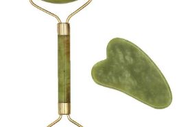 Jade Roller Gua and Sha Facial Tools Set Double-sided, long roller with both smooth and grooved textures tailored to provide two drastically different feels: 1. muscle tension relief, reduce facial puffiness and help your skin look fresh 2. firm your skin and make it look dewy and lifted